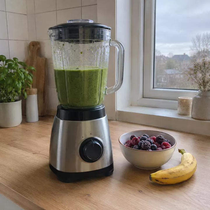 Illustration: en blender med grøn smoothie på et køkkenbord, med frosne bær og en banan ved siden af.